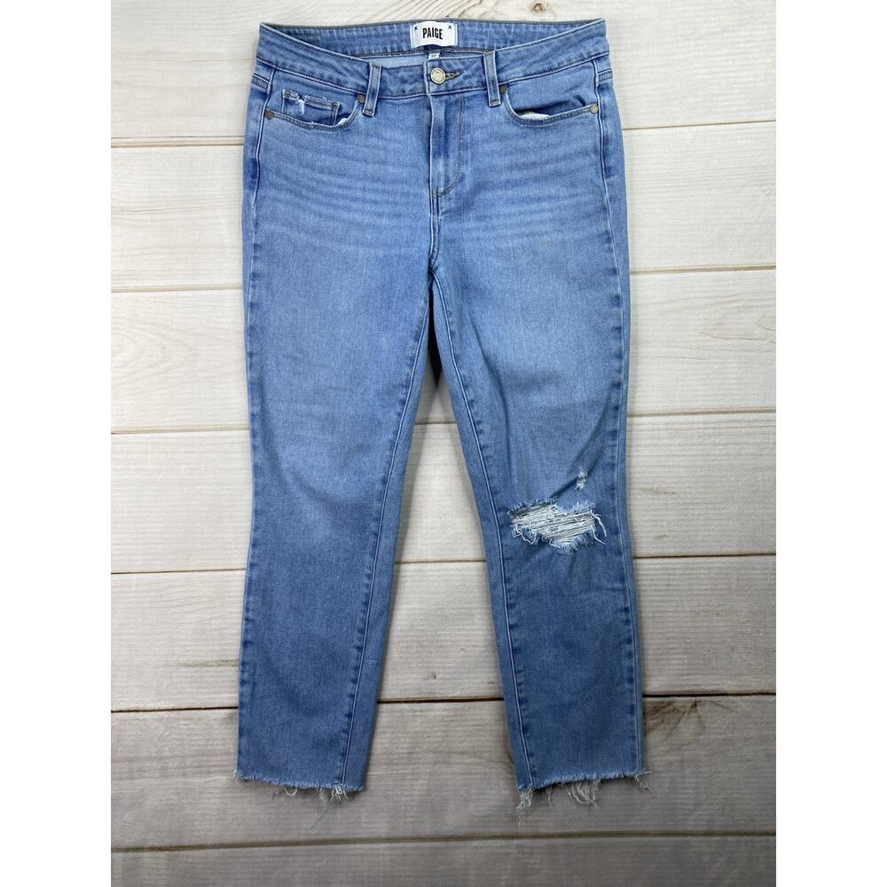 Paige Jeans Women 30 Blue Kylie Crop Minimalist Distressed Stretch Denim Fringe
